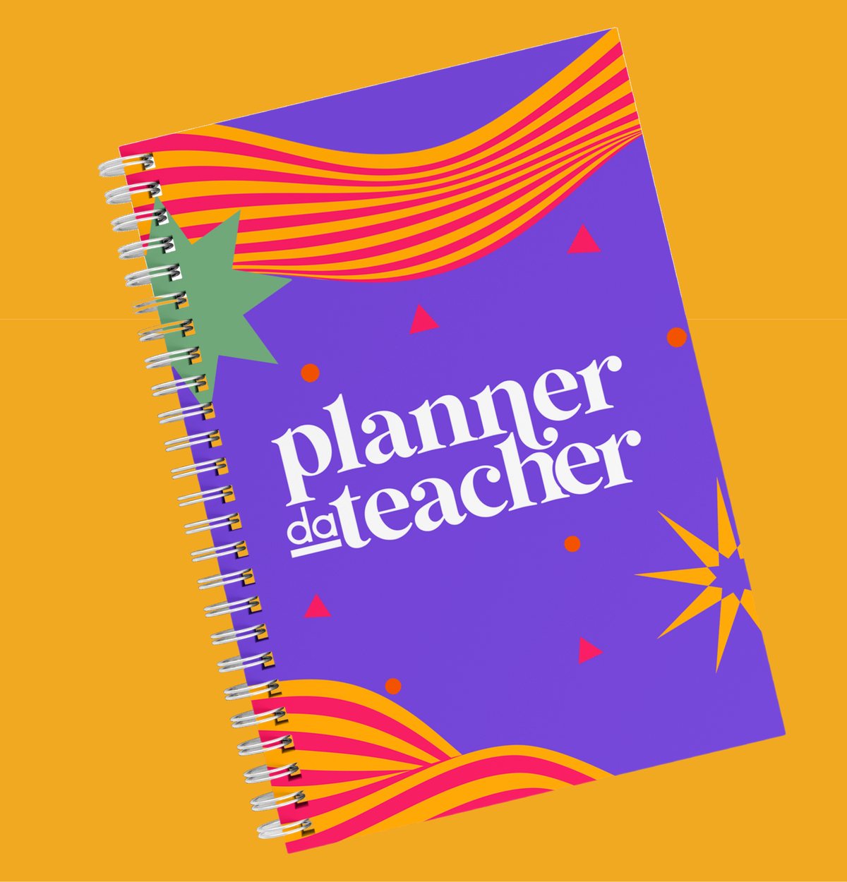 Ilustração da capa do Planner da Teacher: roxa, com listras pink e laranja e estrelas